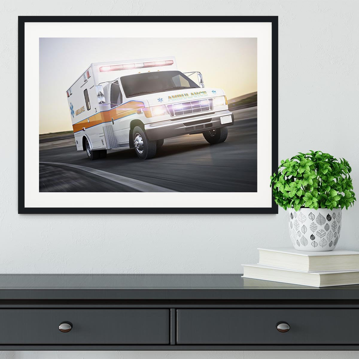Ambulance running with lights and sirens Framed Print - Canvas Art Rocks - 1