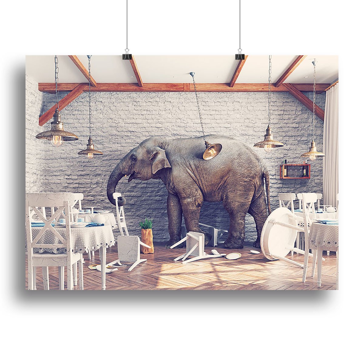 An elephant calm in a restaurant interior Canvas Print or Poster