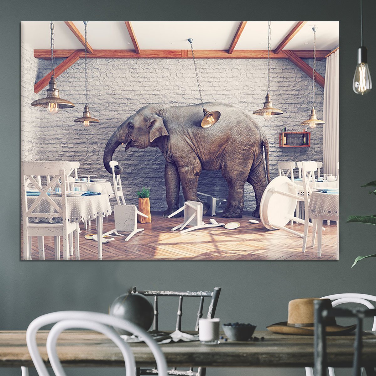 An elephant calm in a restaurant interior Canvas Print or Poster