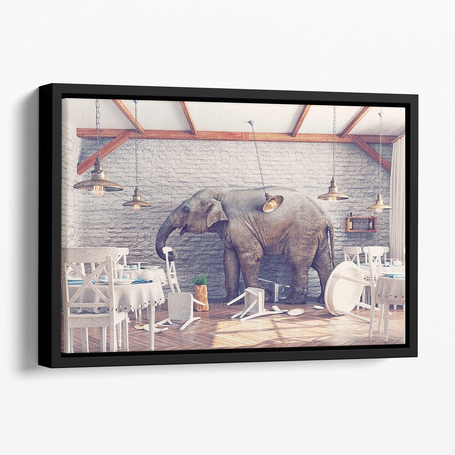 An elephant calm in a restaurant interior Floating Framed Canvas - Canvas Art Rocks - 1