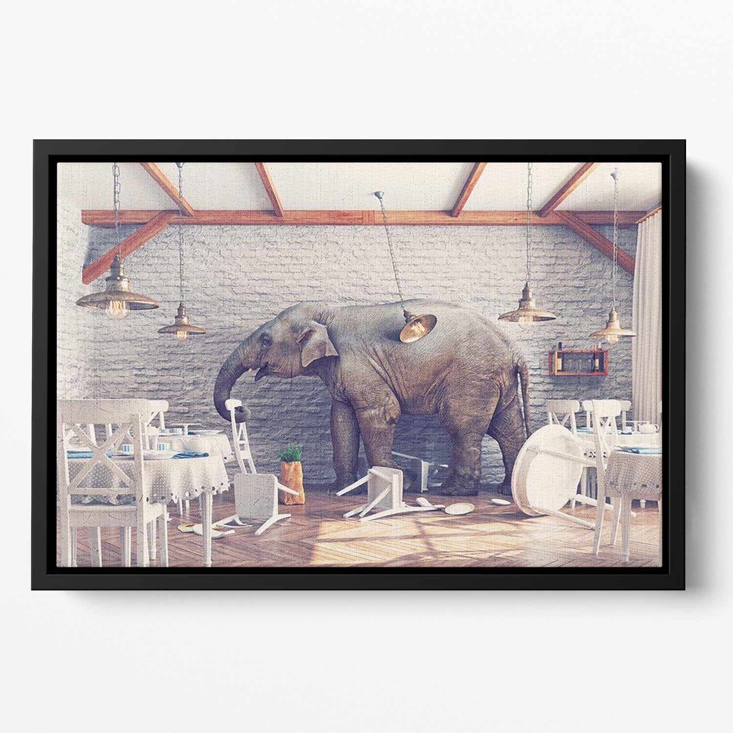 An elephant calm in a restaurant interior Floating Framed Canvas - Canvas Art Rocks - 2