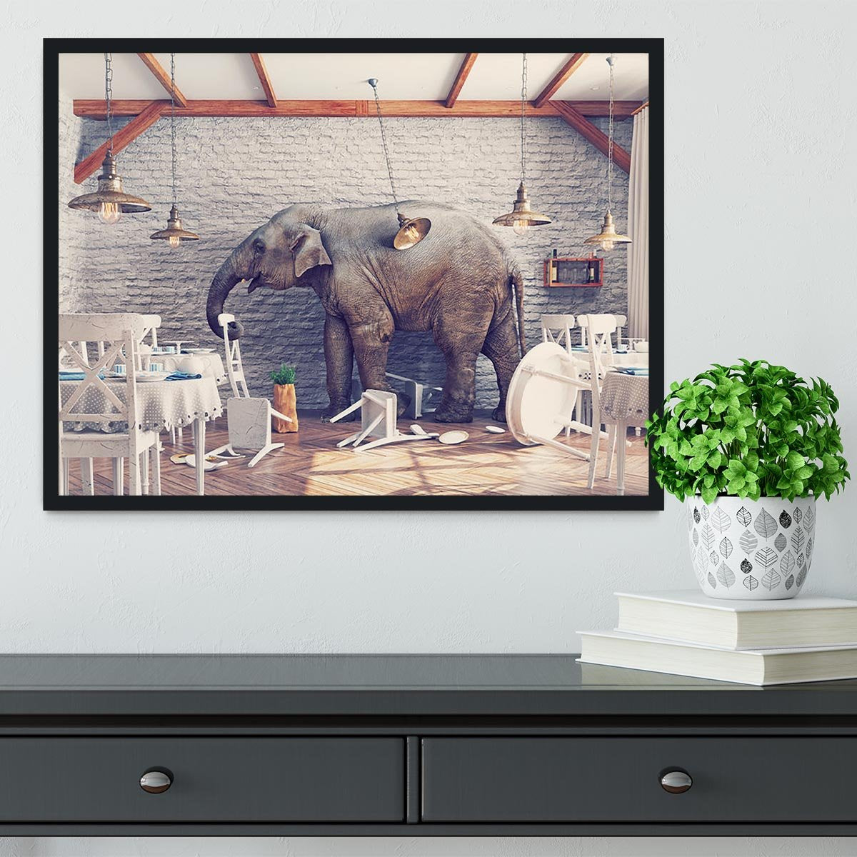 An elephant calm in a restaurant interior Framed Print - Canvas Art Rocks - 2