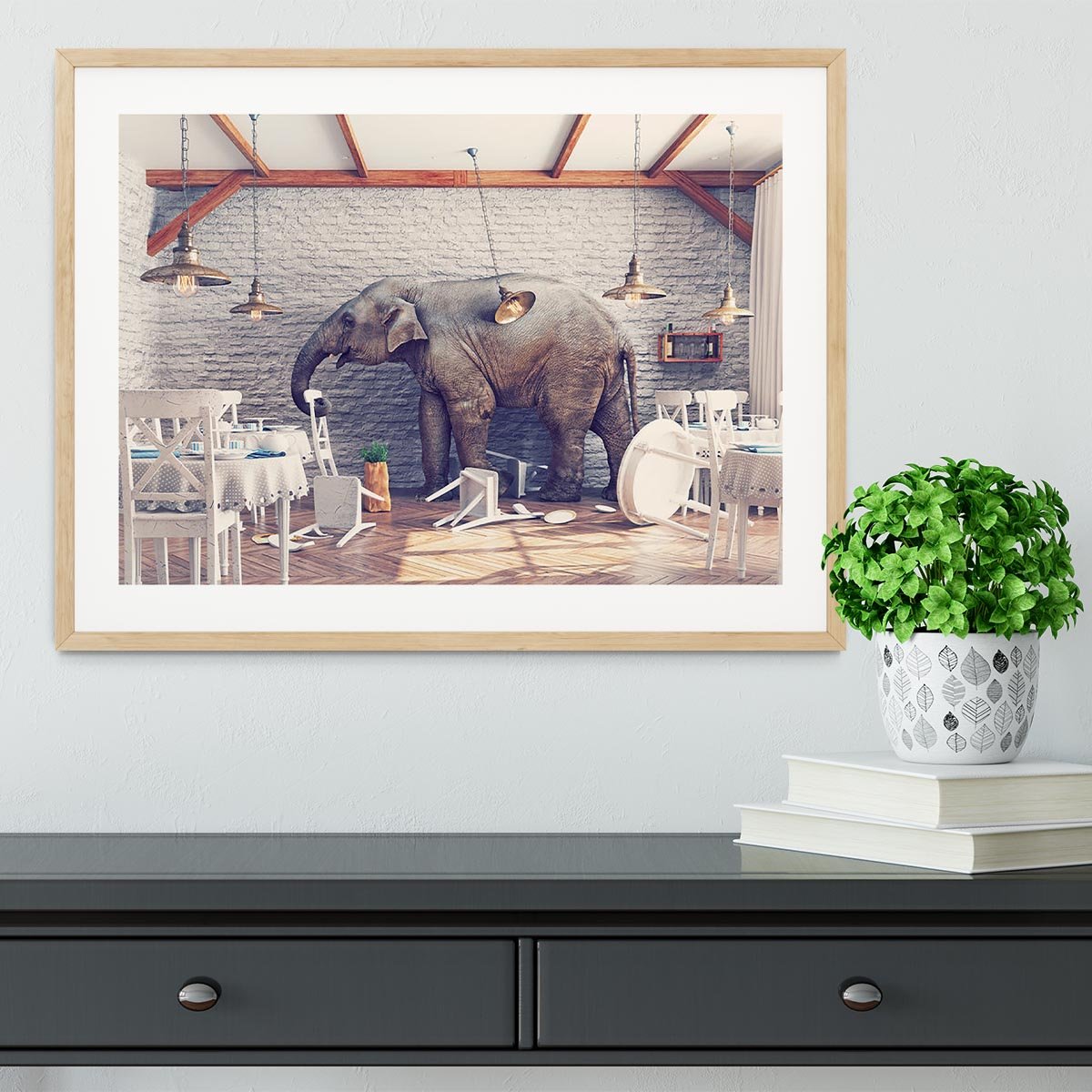 An elephant calm in a restaurant interior Framed Print - Canvas Art Rocks - 3
