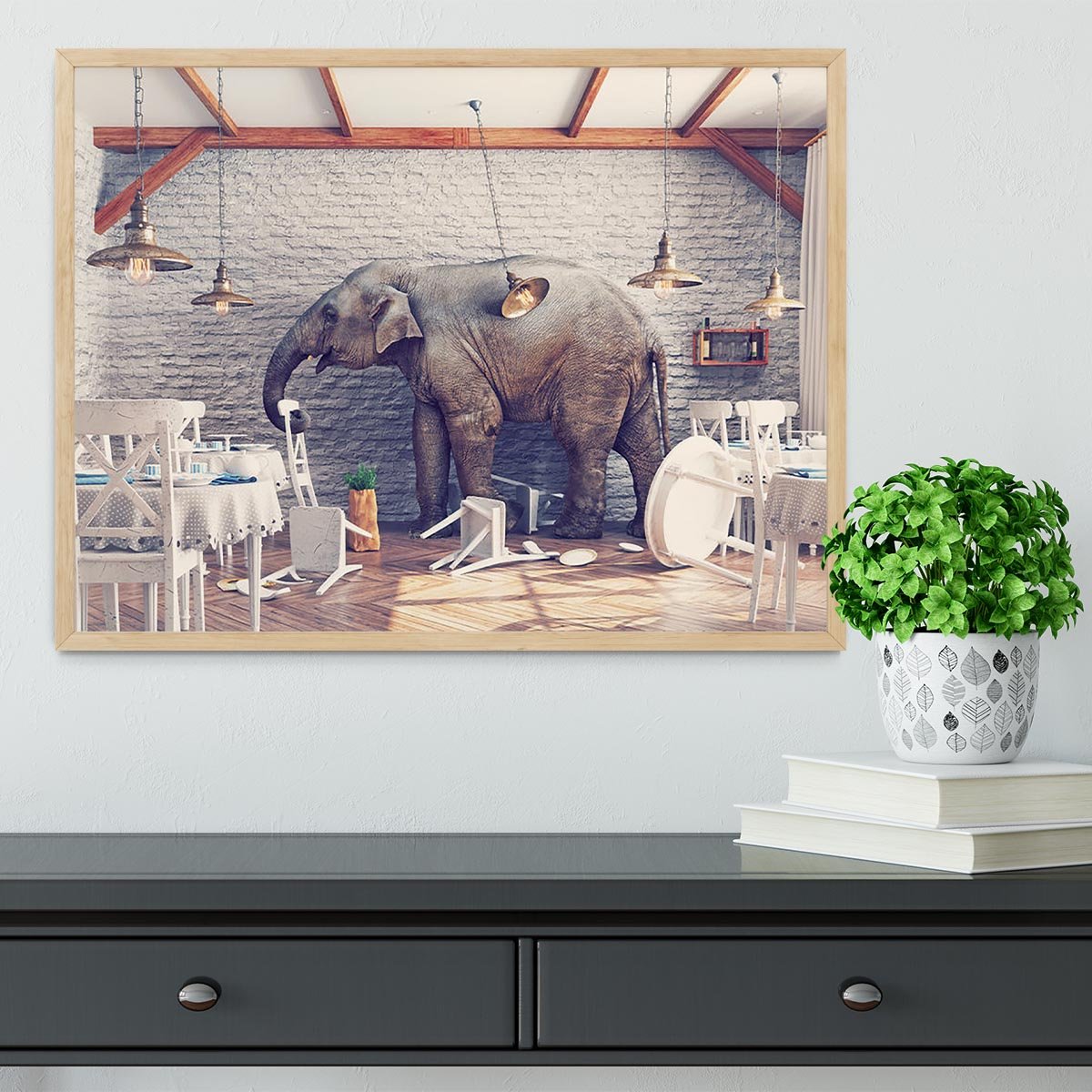 An elephant calm in a restaurant interior Framed Print - Canvas Art Rocks - 4