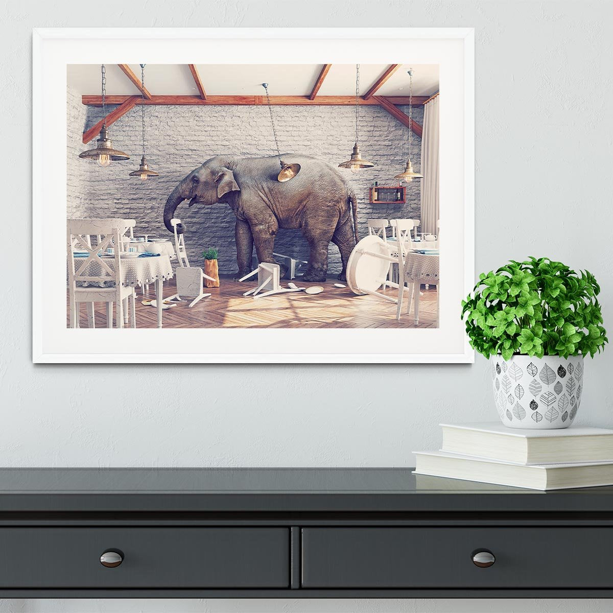 An elephant calm in a restaurant interior Framed Print - Canvas Art Rocks - 5