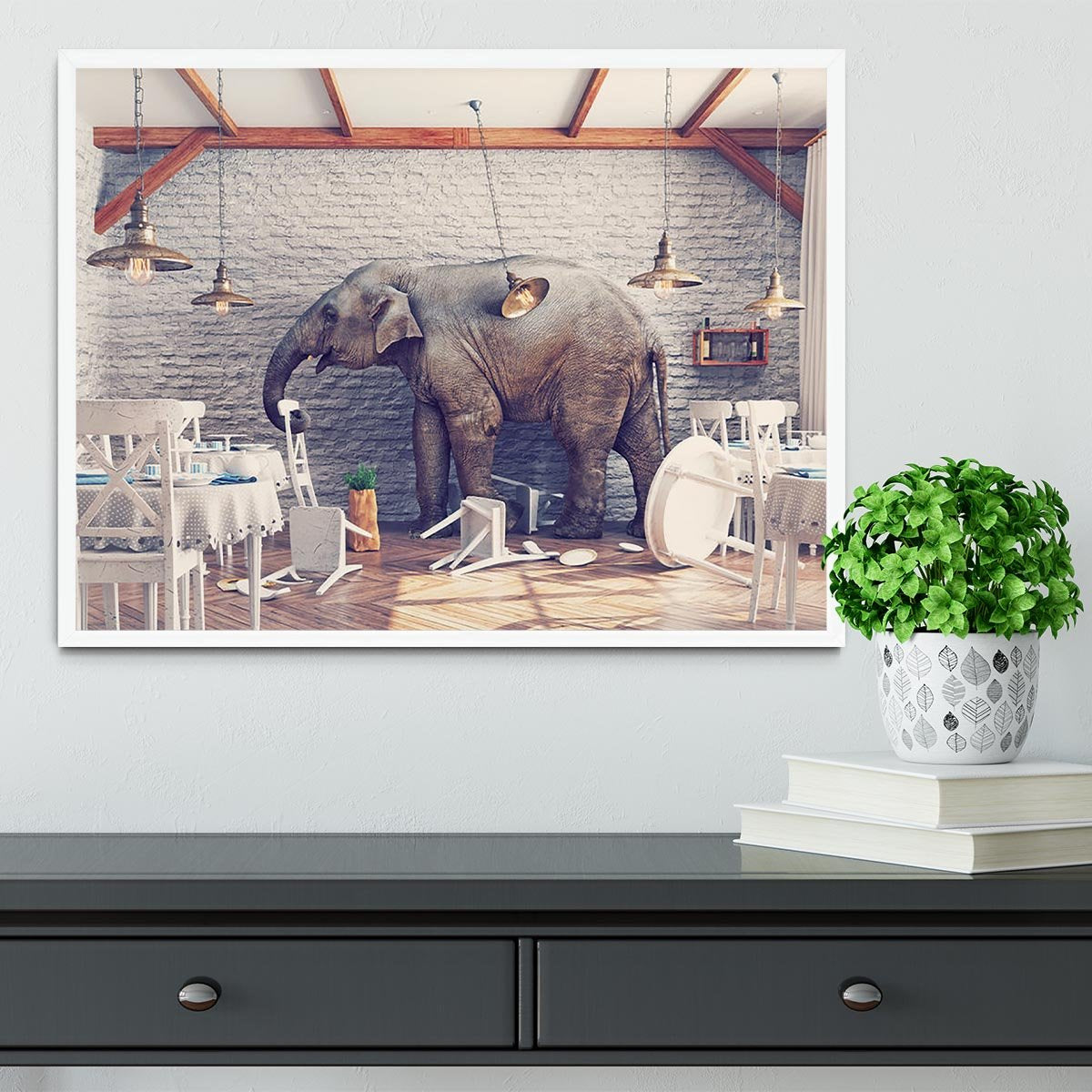 An elephant calm in a restaurant interior Framed Print - Canvas Art Rocks -6