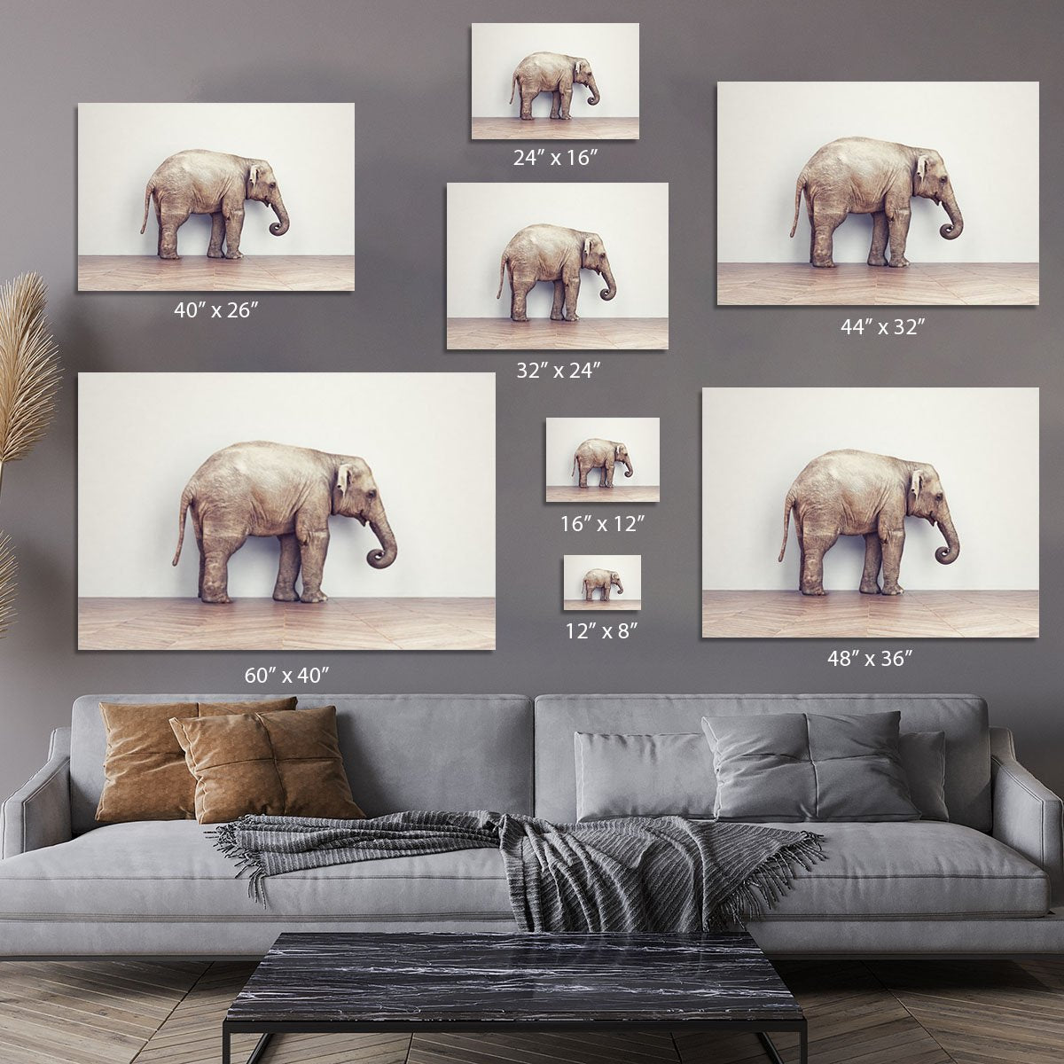 An elephant calm in the room near white wall. Creative concept Canvas Print or Poster