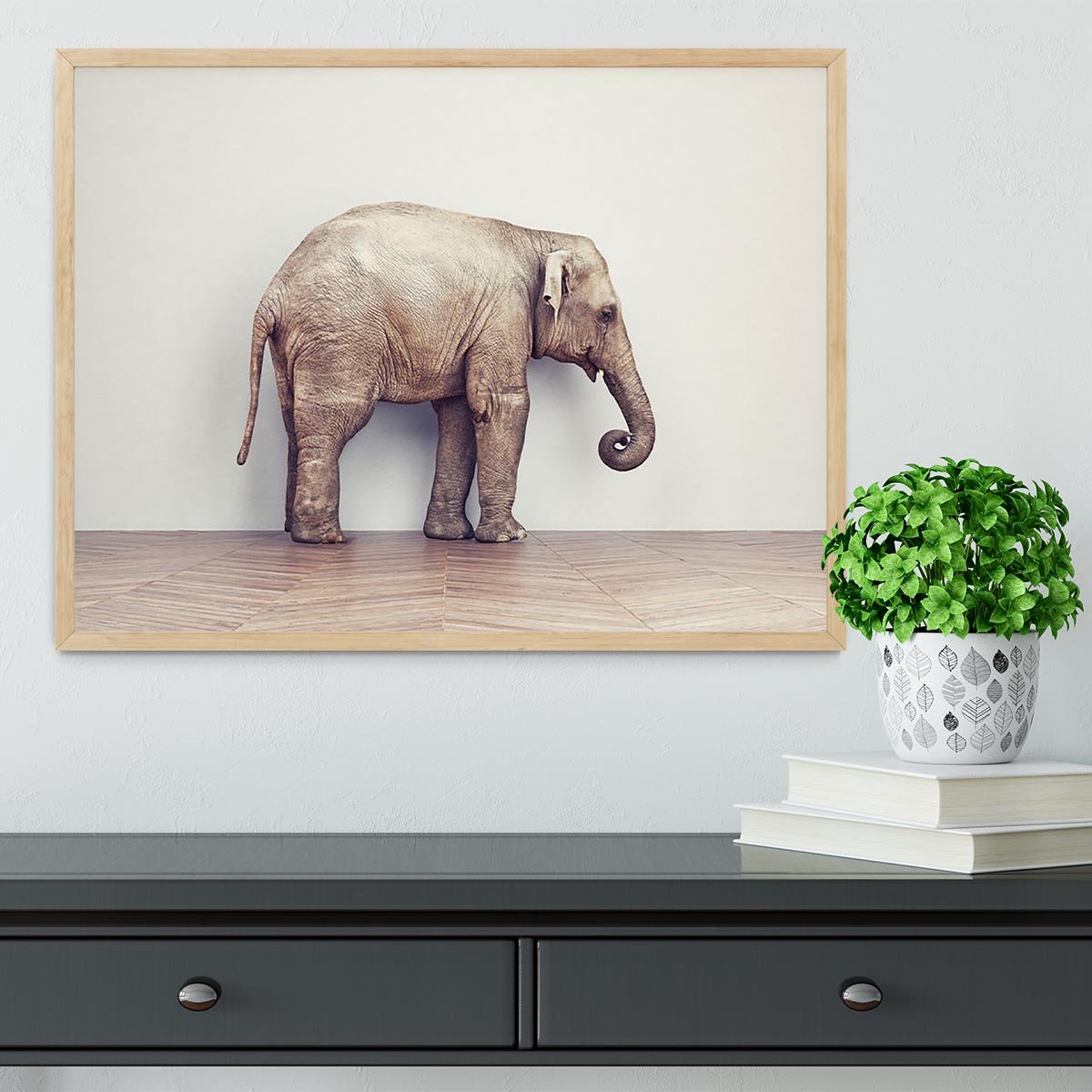An elephant calm in the room near white wall. Creative concept Framed Print - Canvas Art Rocks - 4
