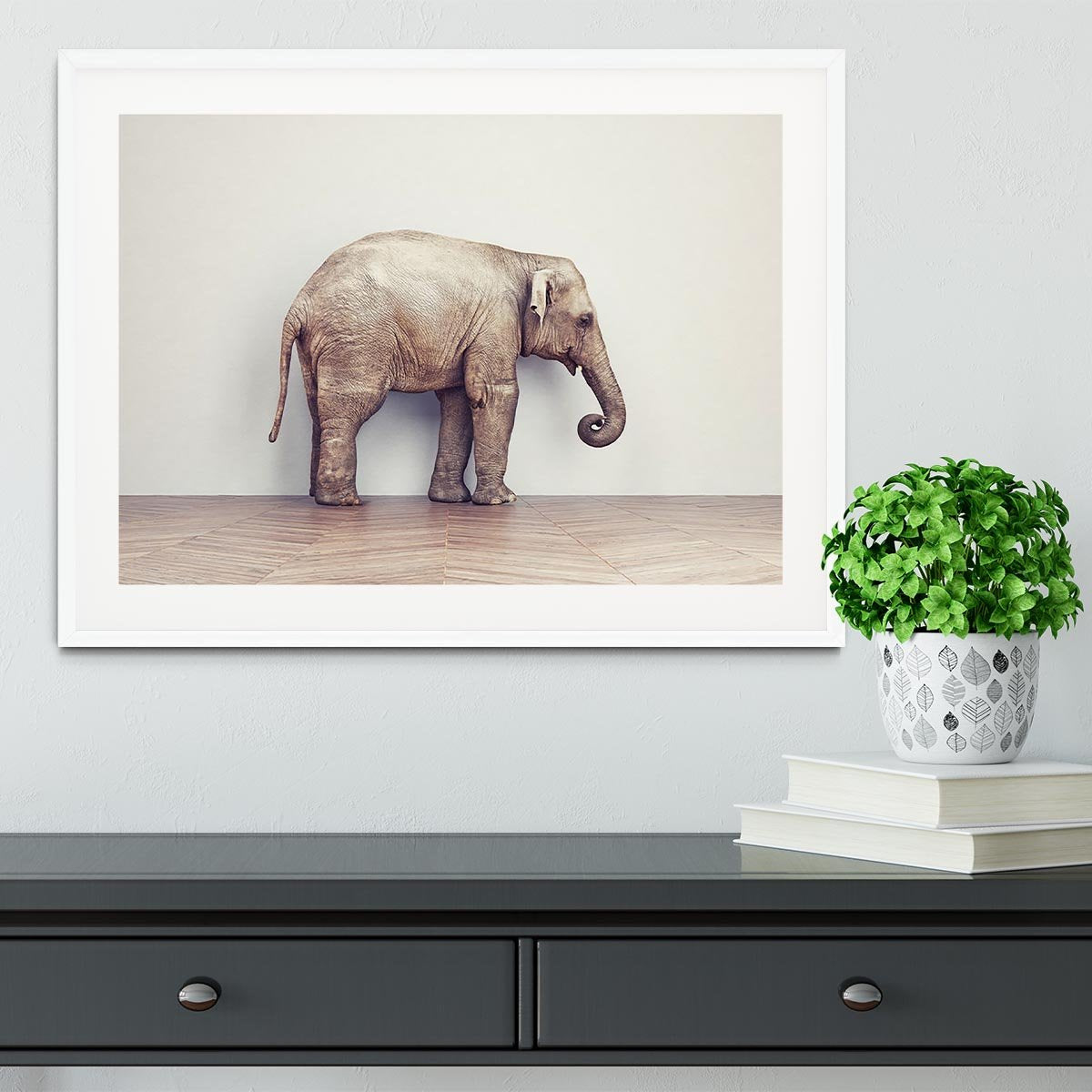 An elephant calm in the room near white wall. Creative concept Framed Print - Canvas Art Rocks - 5