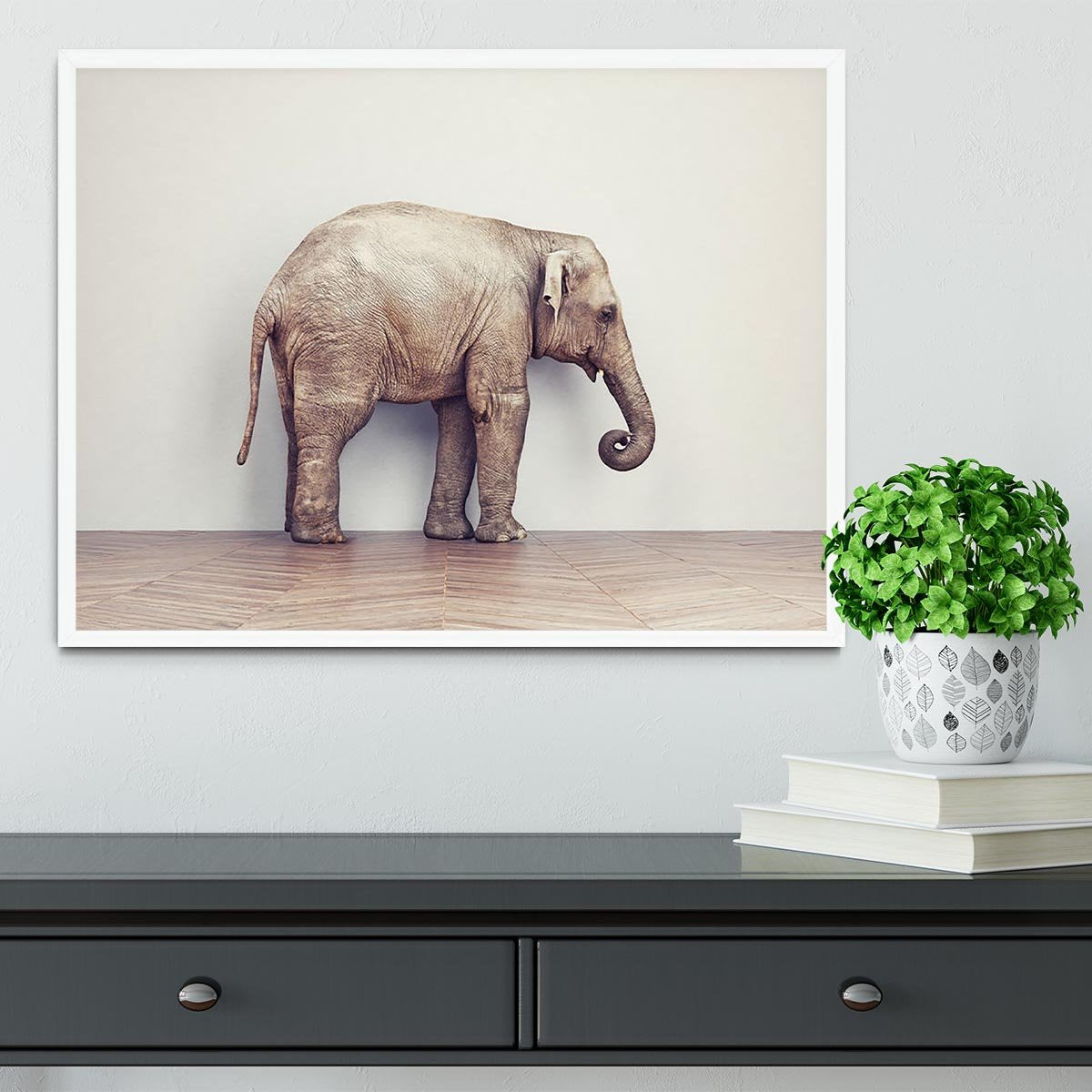 An elephant calm in the room near white wall. Creative concept Framed Print - Canvas Art Rocks -6