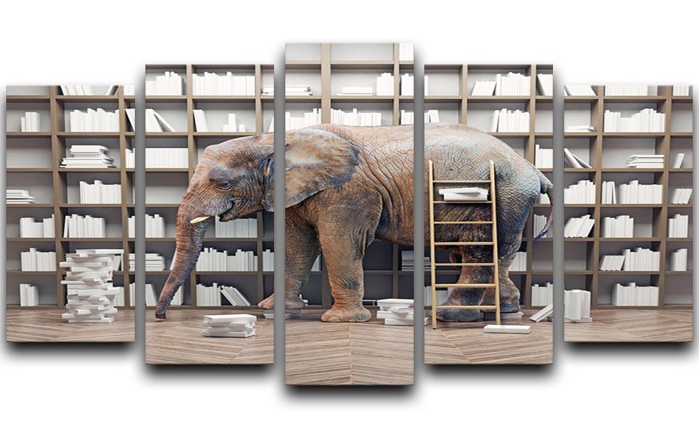 An elephant in the room with book shelves 5 Split Panel Canvas - Canvas Art Rocks - 1