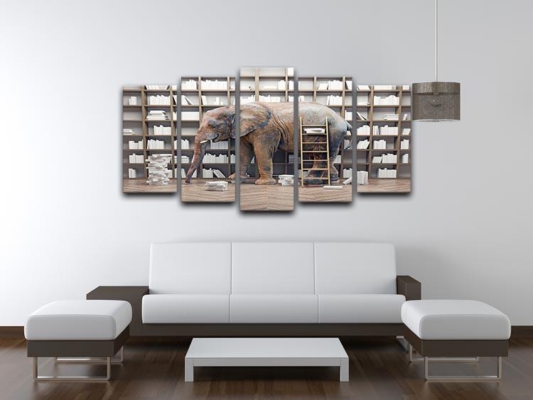 An elephant in the room with book shelves 5 Split Panel Canvas - Canvas Art Rocks - 3
