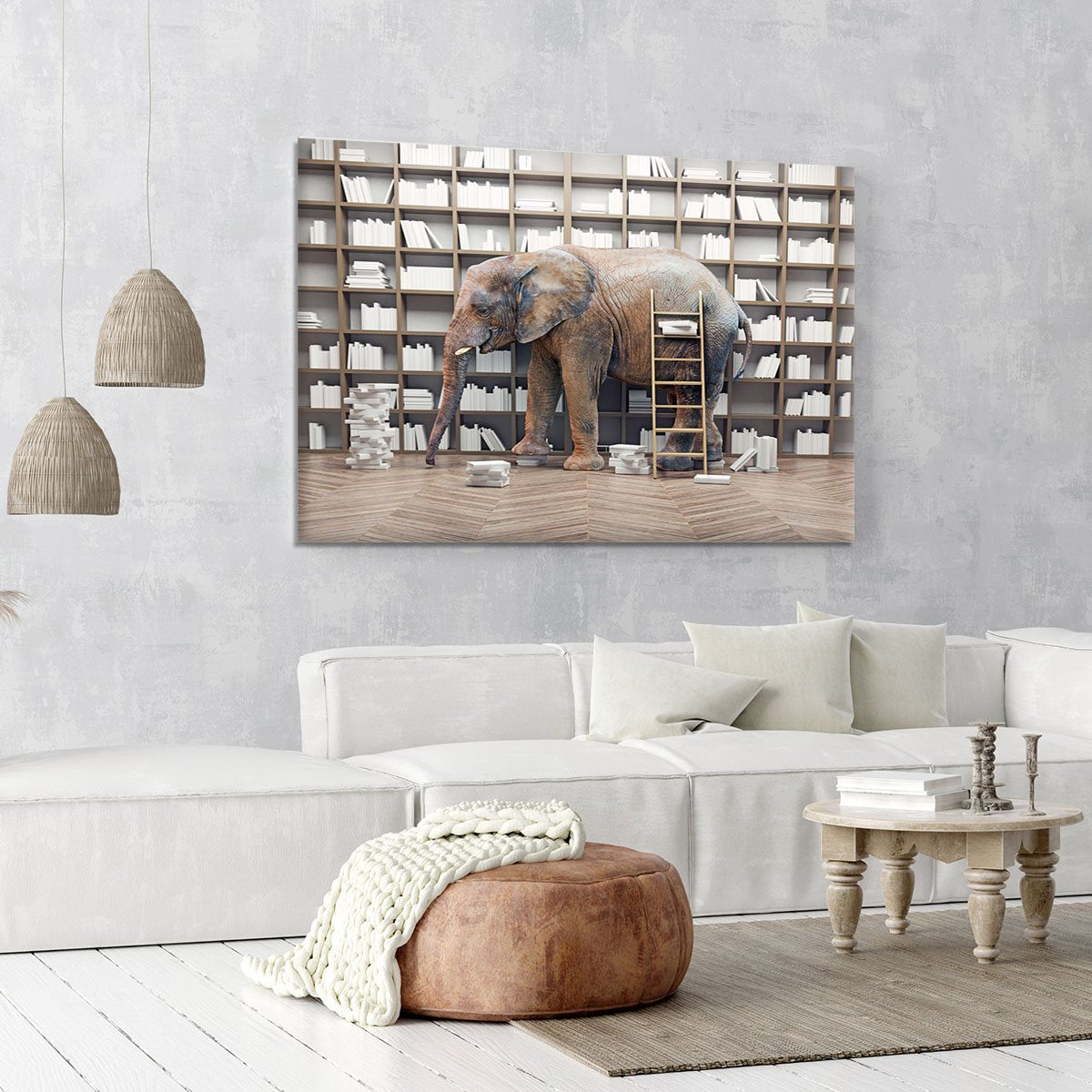 An elephant in the room with book shelves Canvas Print or Poster