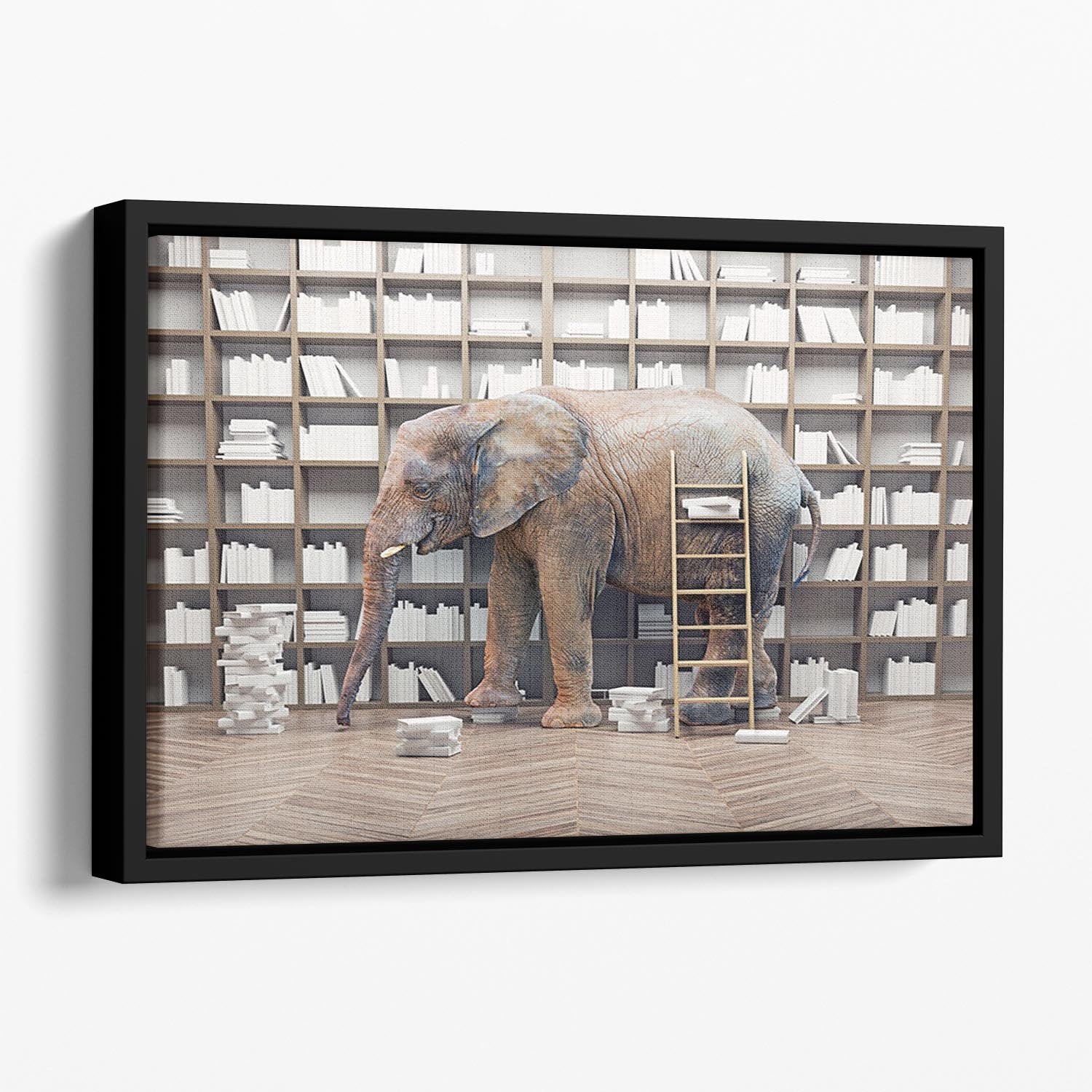 An elephant in the room with book shelves Floating Framed Canvas - Canvas Art Rocks - 1