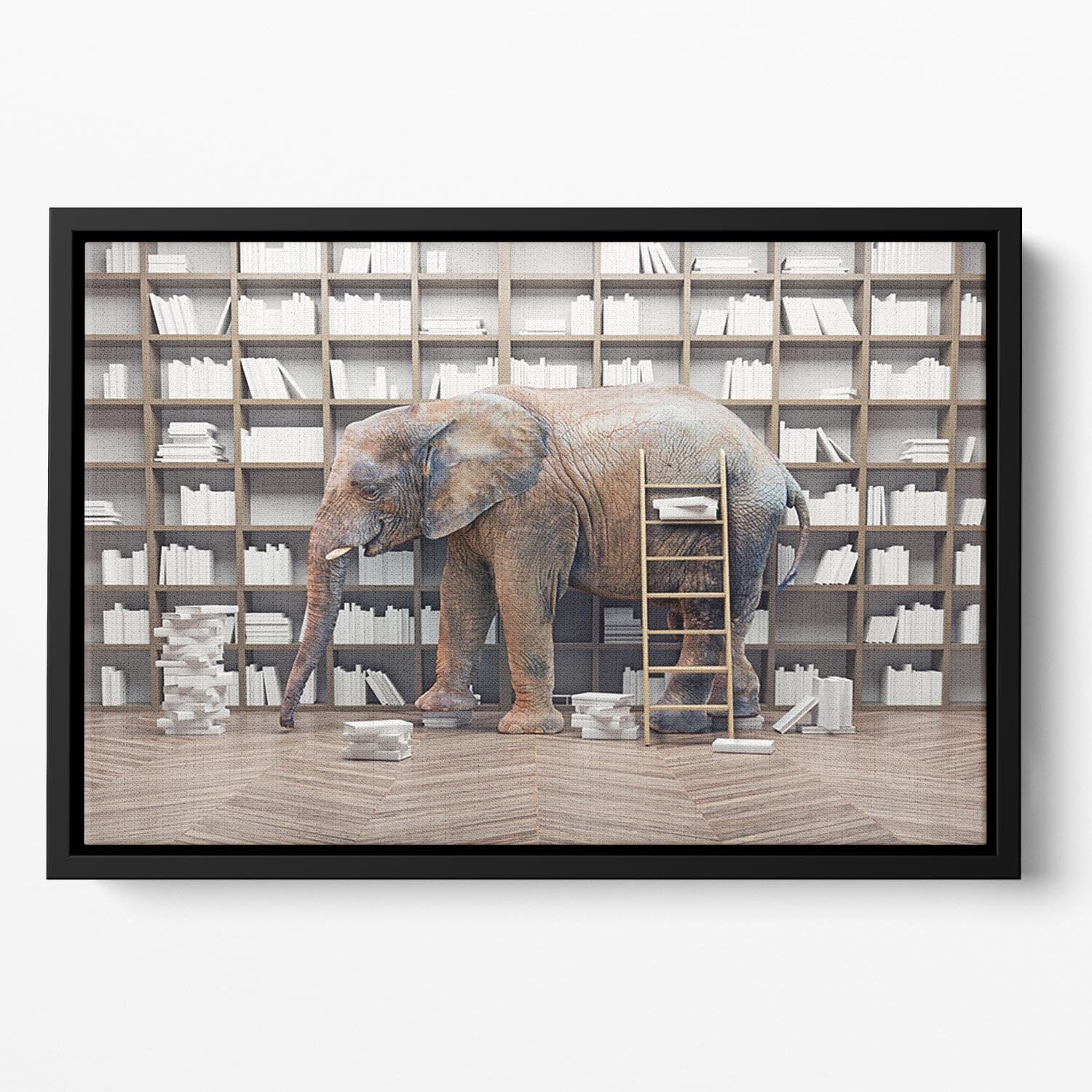 An elephant in the room with book shelves Floating Framed Canvas - Canvas Art Rocks - 2
