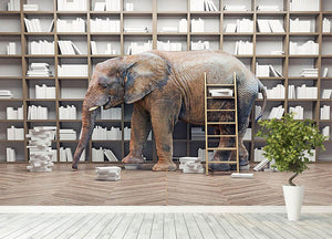 An elephant in the room with book shelves Wall Mural Wallpaper - Canvas Art Rocks - 4
