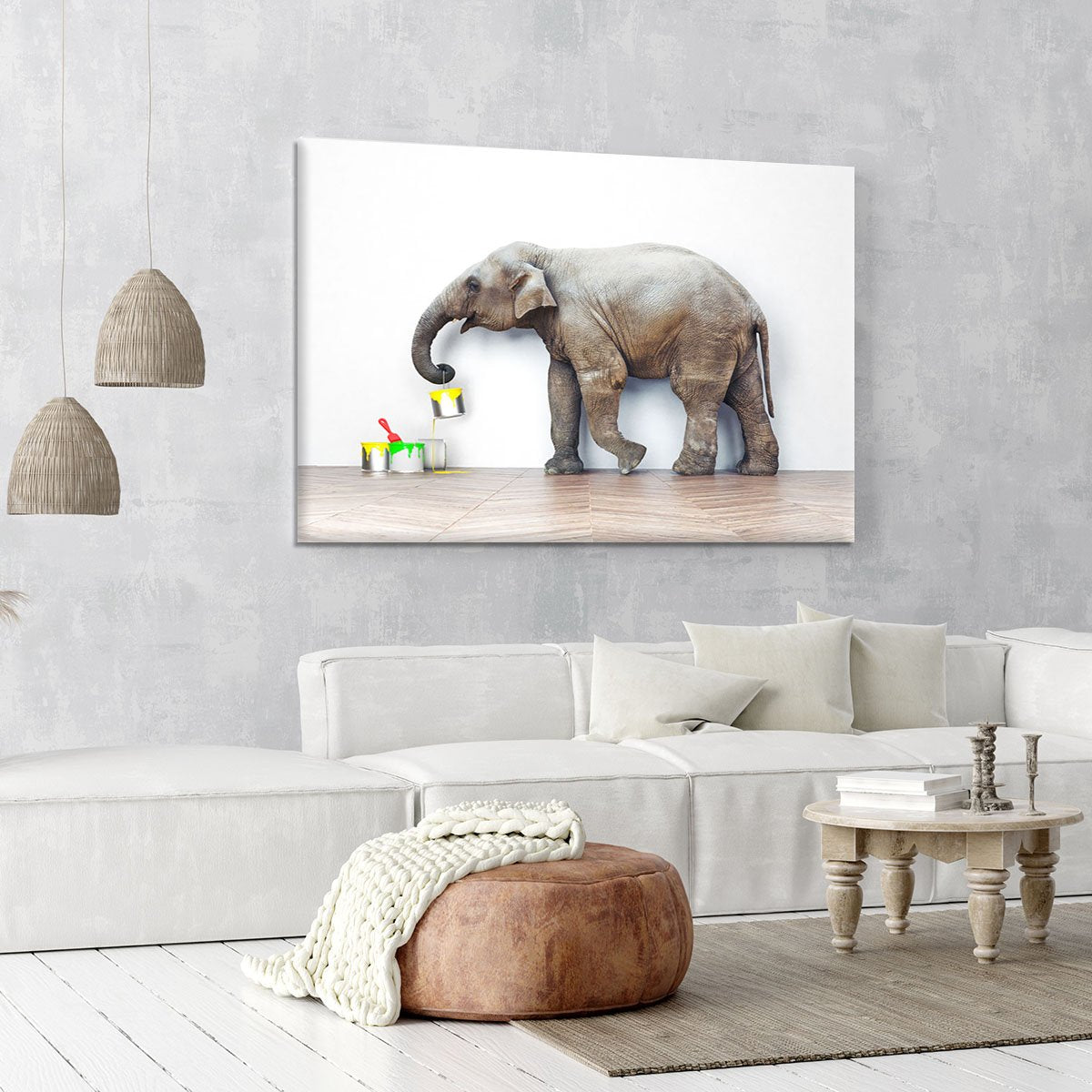 An elephant with paint cans Canvas Print or Poster