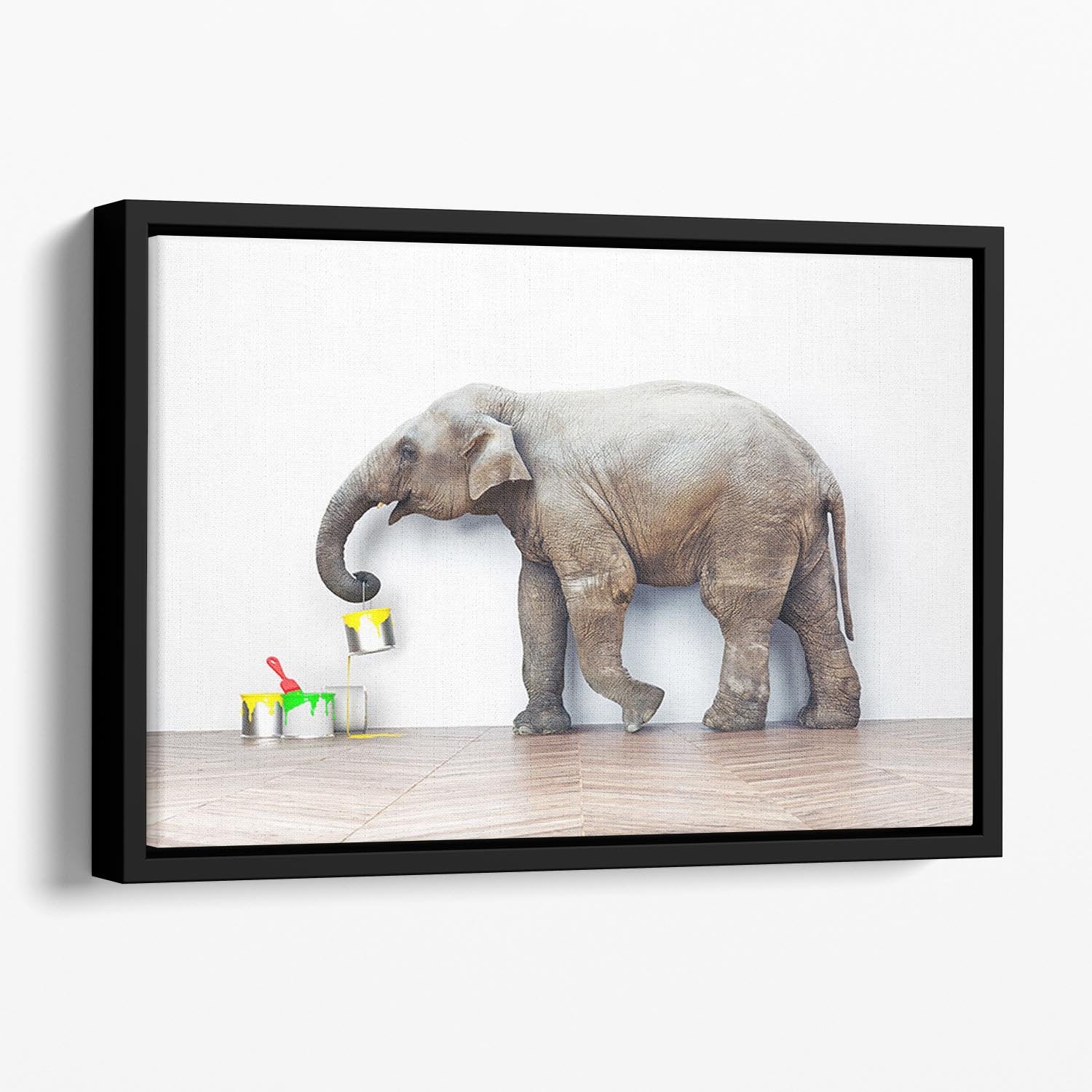An elephant with paint cans Floating Framed Canvas - Canvas Art Rocks - 1