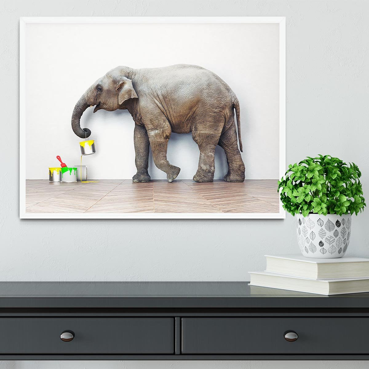 An elephant with paint cans Framed Print - Canvas Art Rocks -6