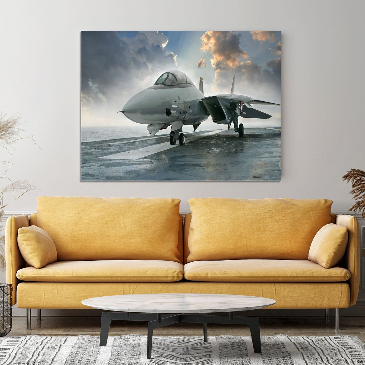An jet fighter sits on the deck Canvas Print or Poster