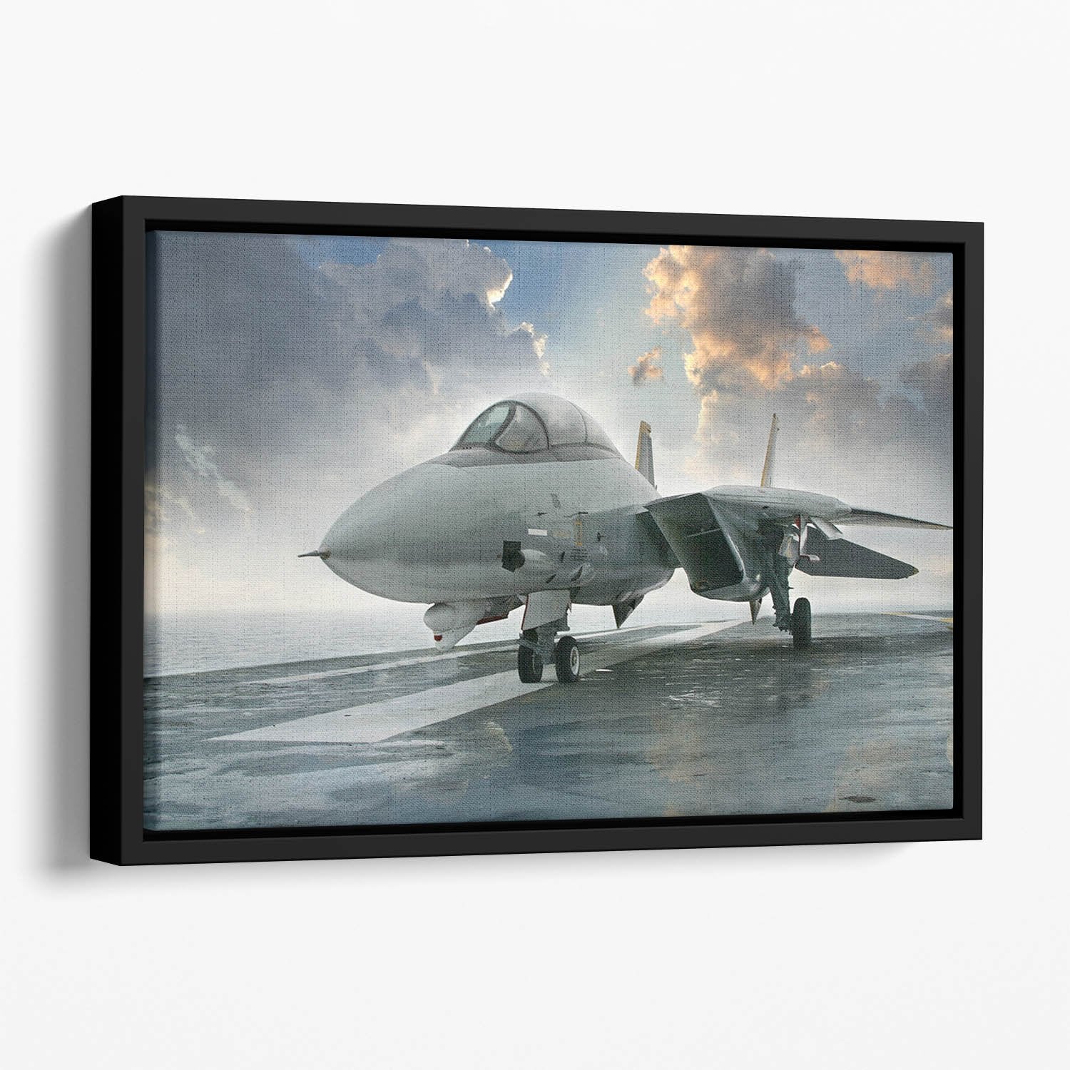 An jet fighter sits on the deck Floating Framed Canvas