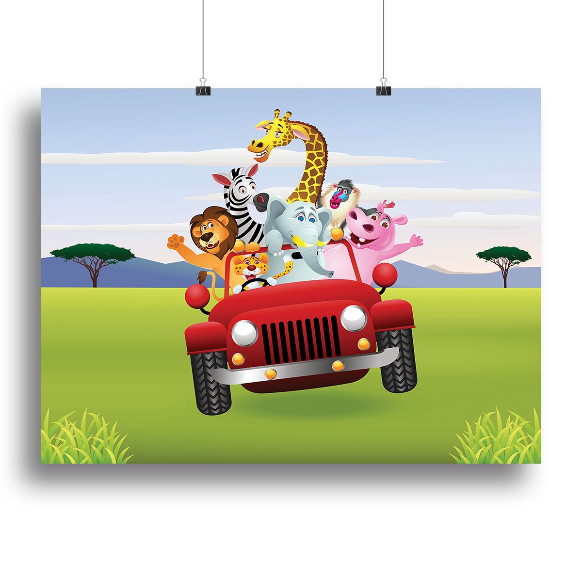 Animal Cartoon in red car Canvas Print or Poster