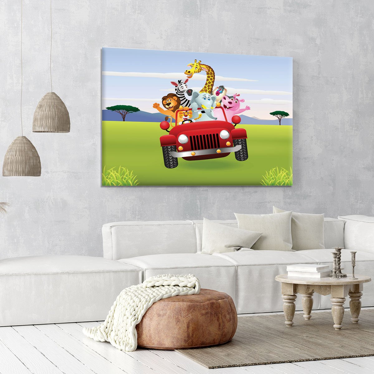 Animal Cartoon in red car Canvas Print or Poster