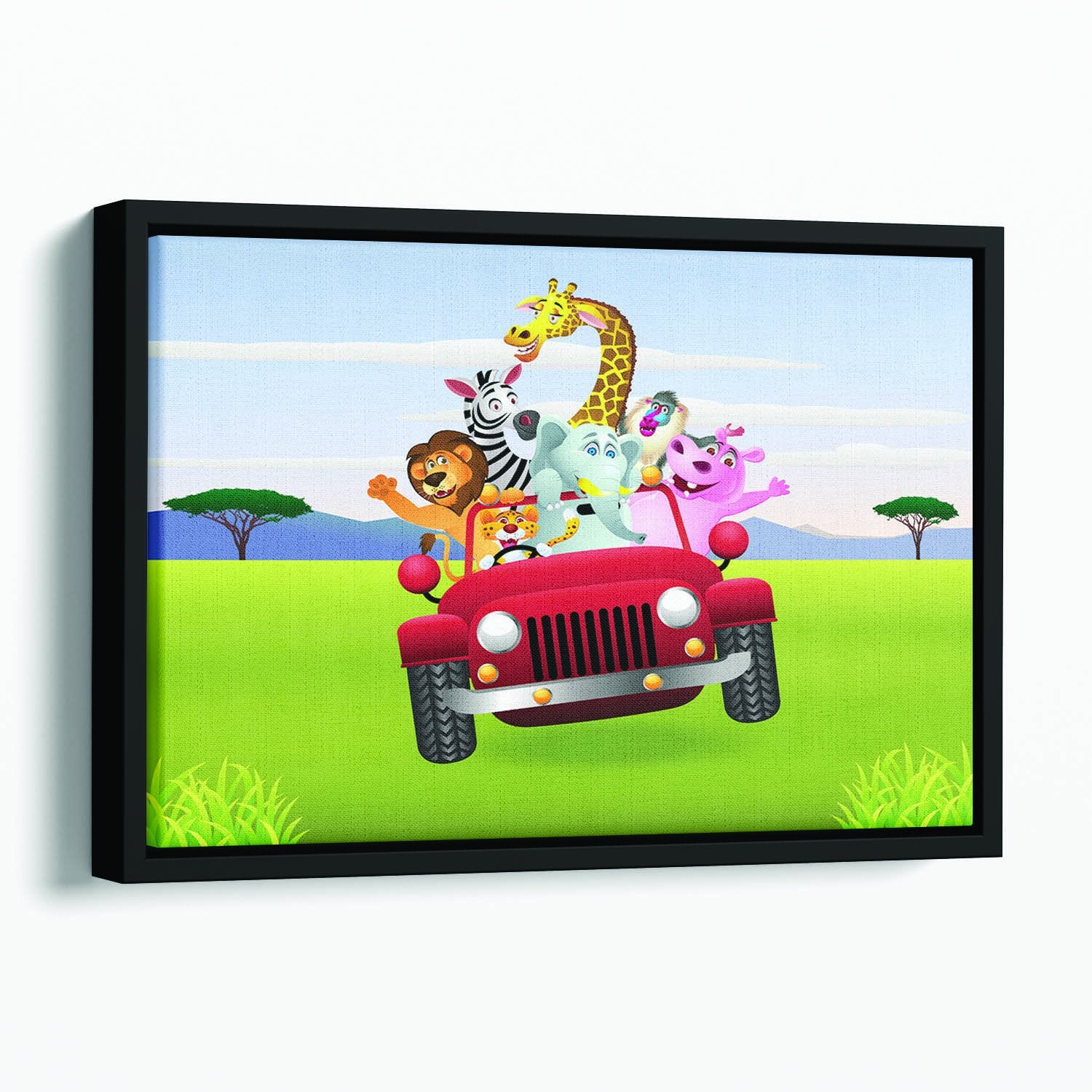 Animal Cartoon in red car Floating Framed Canvas