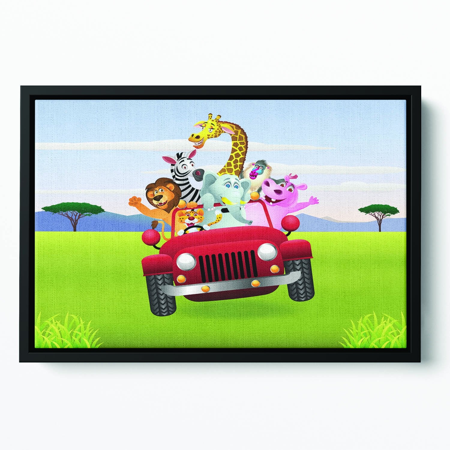 Animal Cartoon in red car Floating Framed Canvas