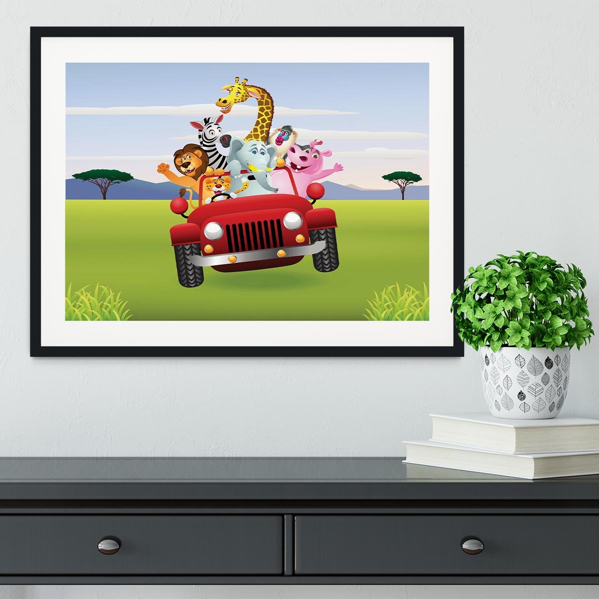 Animal Cartoon in red car Framed Print - Canvas Art Rocks - 1