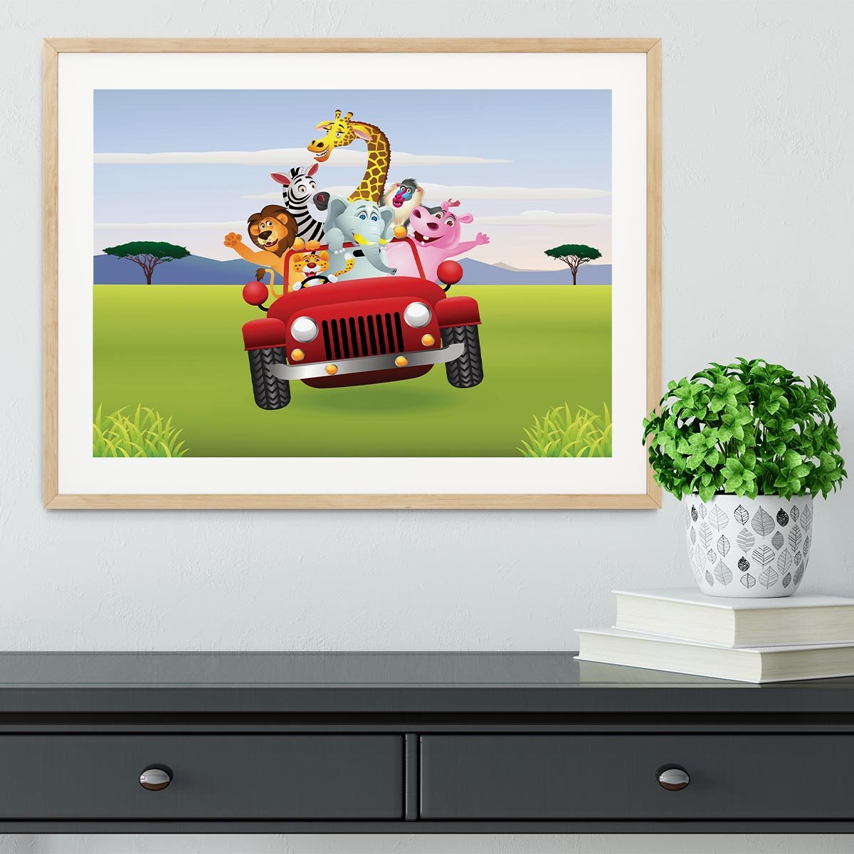 Animal Cartoon in red car Framed Print - Canvas Art Rocks - 3