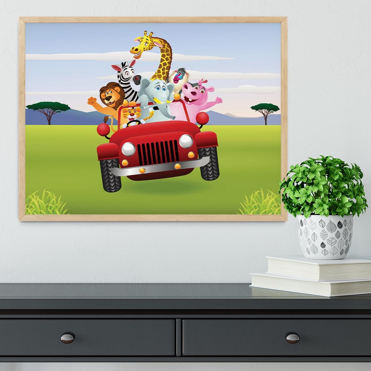 Animal Cartoon in red car Framed Print - Canvas Art Rocks - 4