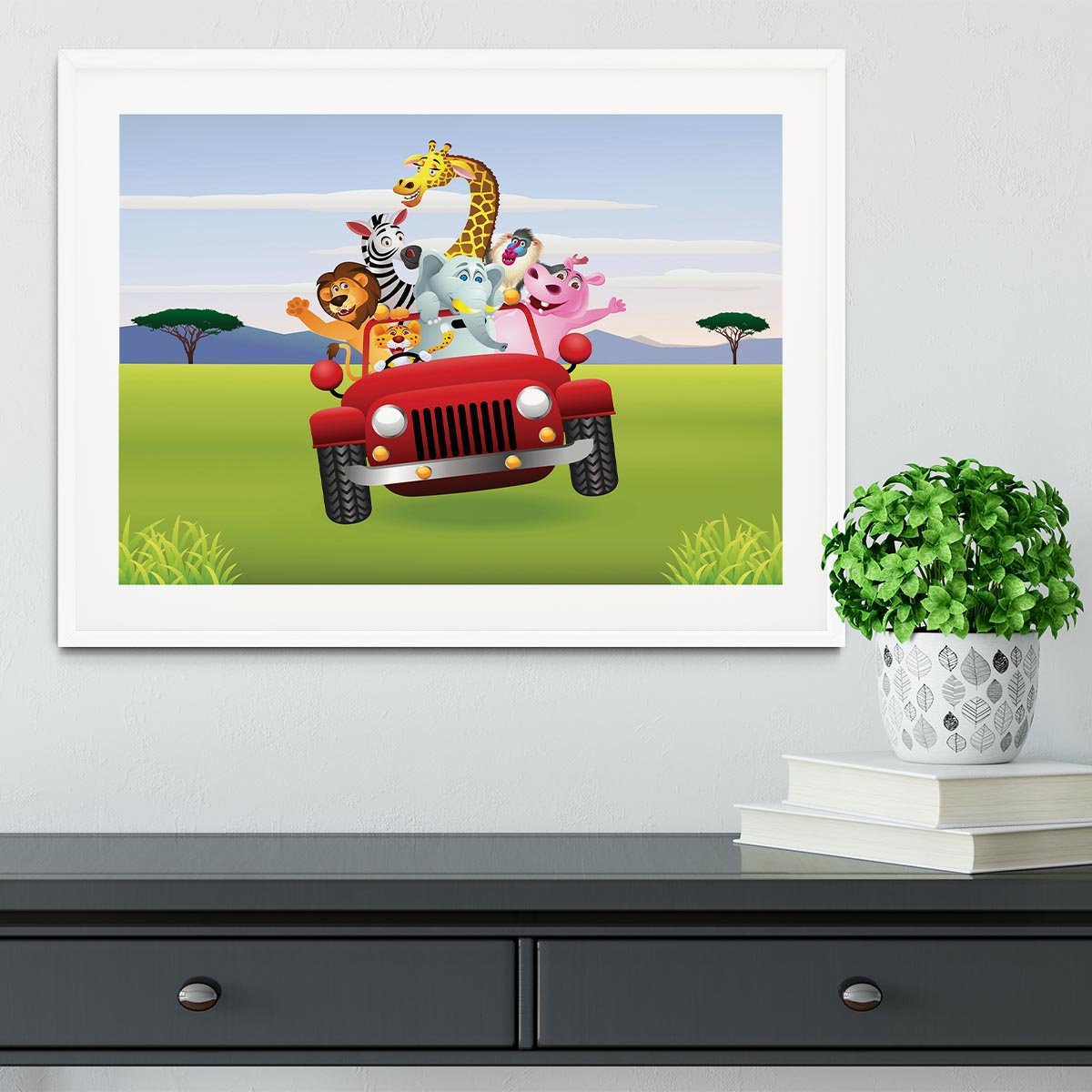 Animal Cartoon in red car Framed Print - Canvas Art Rocks - 5