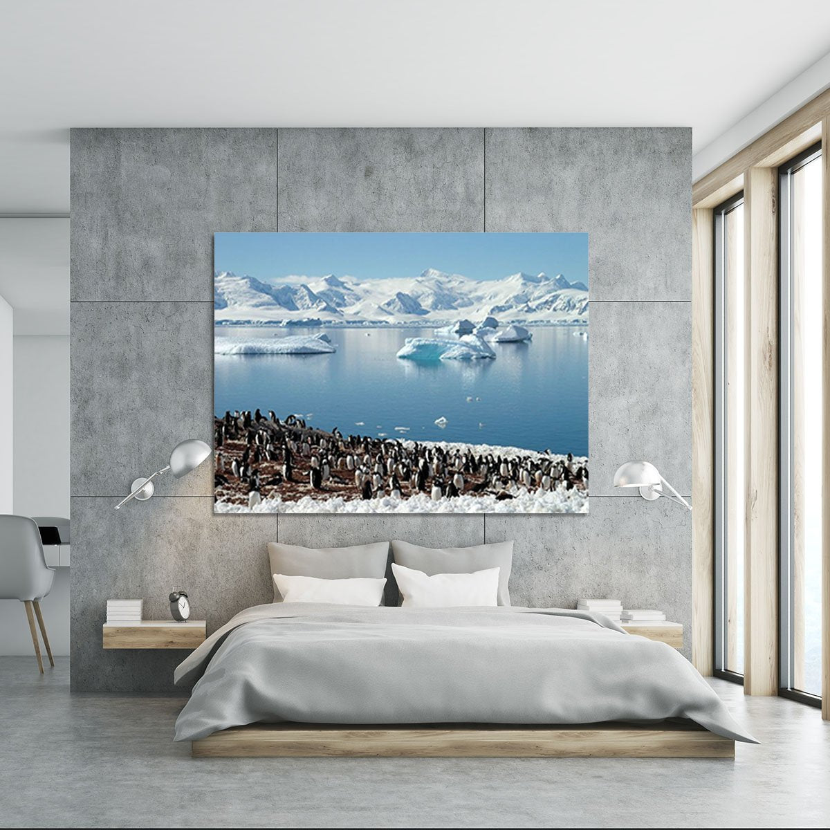 Antarctic penguin group reflection of icebergs Antarctica Canvas Print or Poster