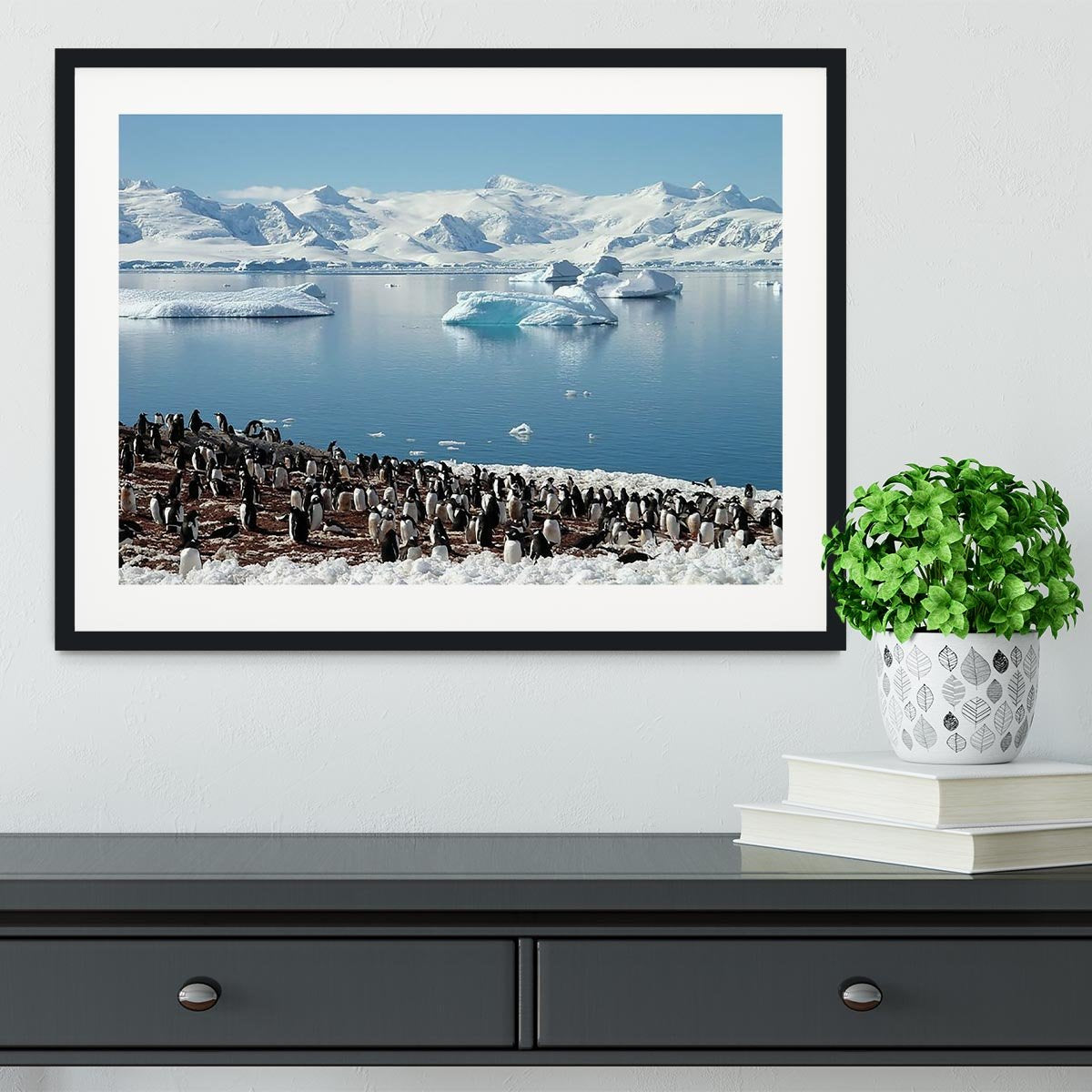 Antarctic penguin group reflection of icebergs Antarctica Framed Print - Canvas Art Rocks - 1