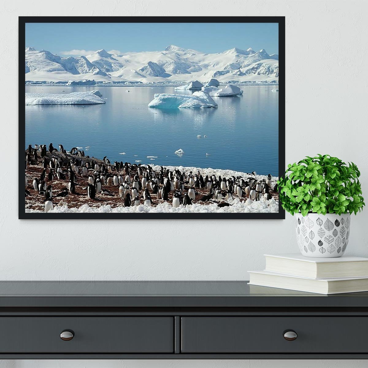 Antarctic penguin group reflection of icebergs Antarctica Framed Print - Canvas Art Rocks - 2