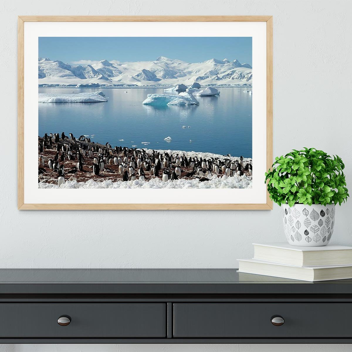 Antarctic penguin group reflection of icebergs Antarctica Framed Print - Canvas Art Rocks - 3