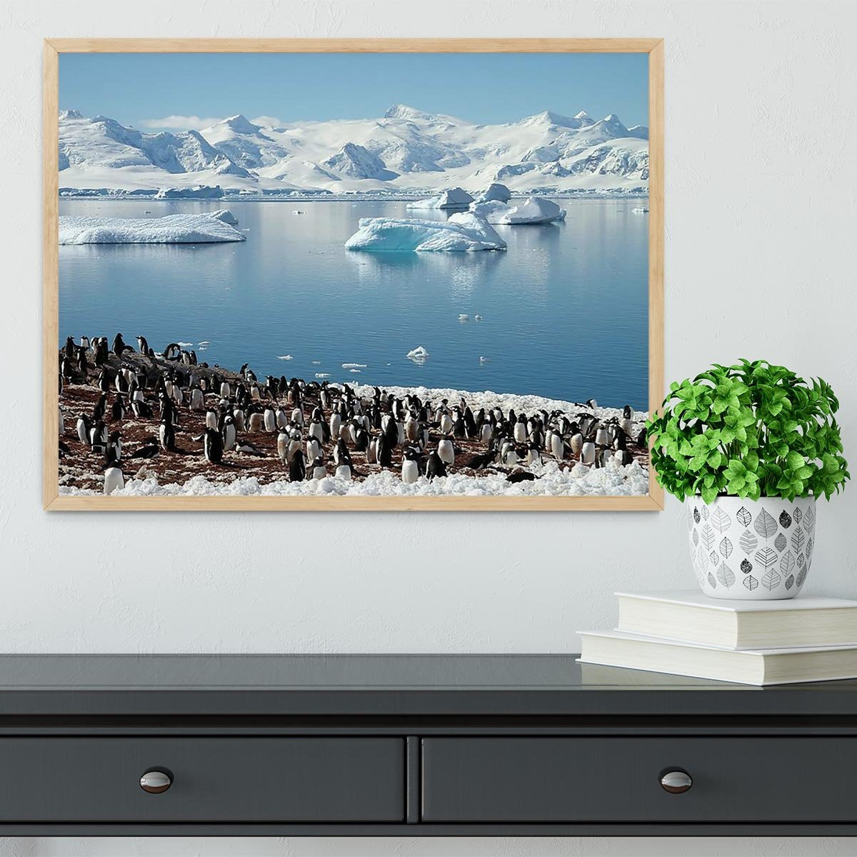 Antarctic penguin group reflection of icebergs Antarctica Framed Print - Canvas Art Rocks - 4