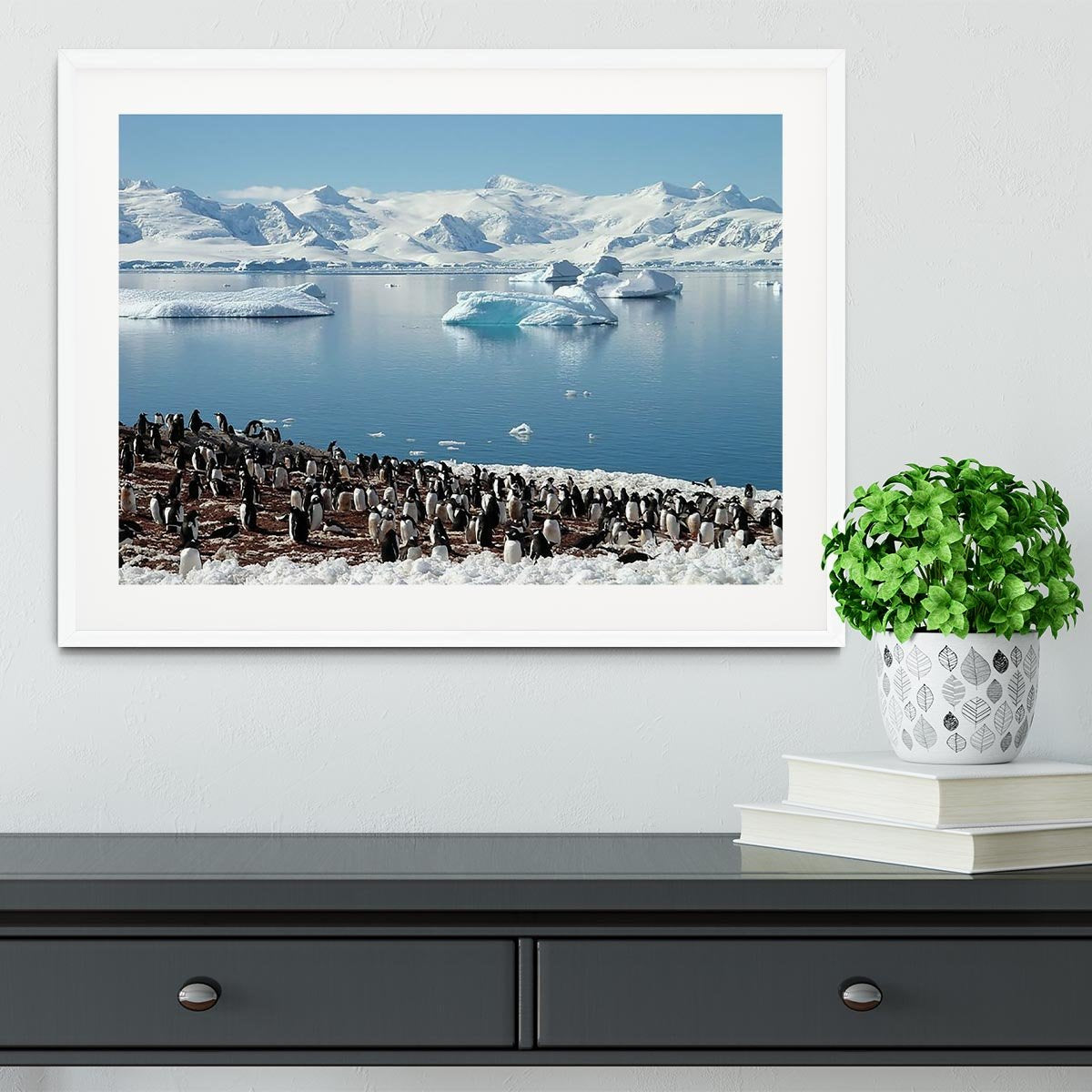 Antarctic penguin group reflection of icebergs Antarctica Framed Print - Canvas Art Rocks - 5