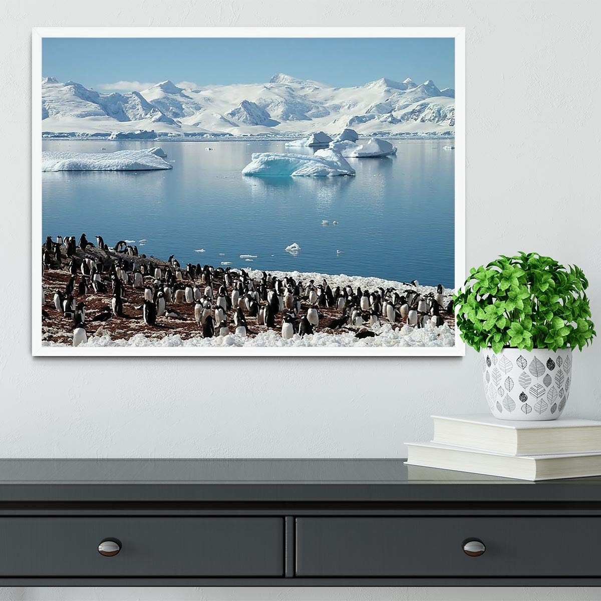 Antarctic penguin group reflection of icebergs Antarctica Framed Print - Canvas Art Rocks -6