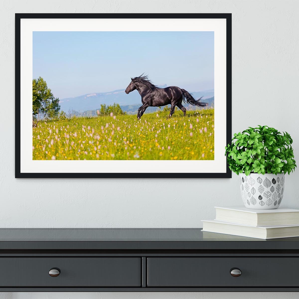 Arab racer runs on a green summer meadow Framed Print - Canvas Art Rocks - 1