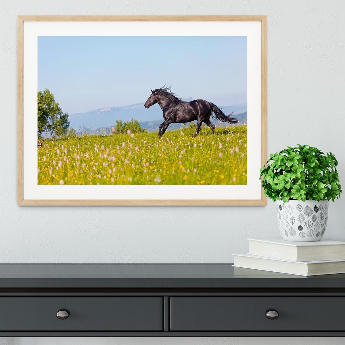 Arab racer runs on a green summer meadow Framed Print - Canvas Art Rocks - 3
