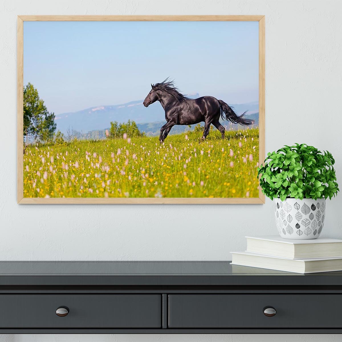 Arab racer runs on a green summer meadow Framed Print - Canvas Art Rocks - 4