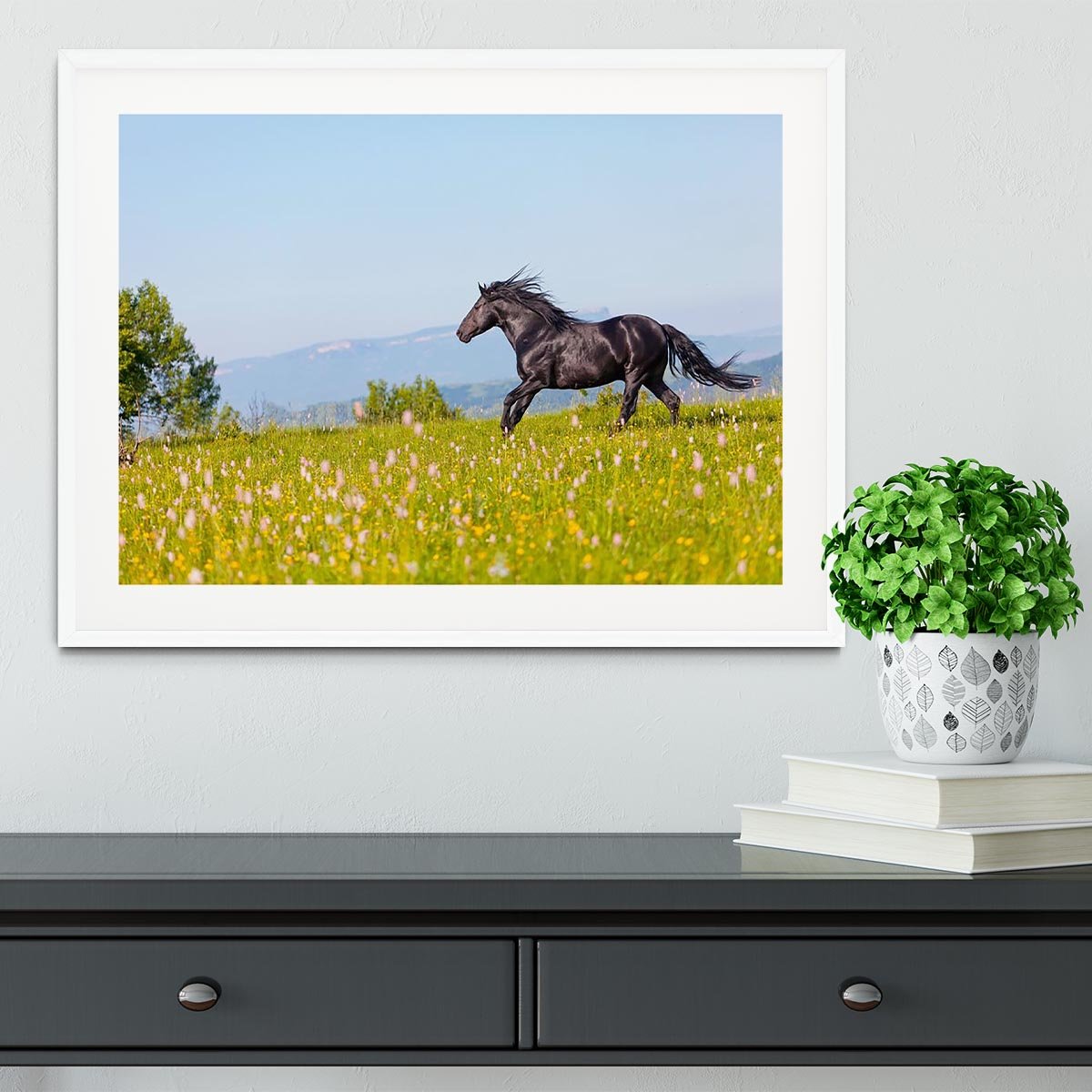 Arab racer runs on a green summer meadow Framed Print - Canvas Art Rocks - 5