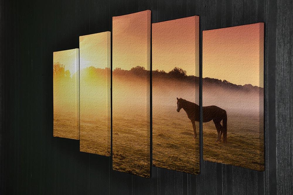 Arabian horses grazing on pasture at sundown in orange sunny beams. Dramatic foggy scene 5 Split Panel Canvas - Canvas Art Rocks - 2