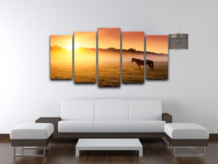 Arabian horses grazing on pasture at sundown in orange sunny beams. Dramatic foggy scene 5 Split Panel Canvas - Canvas Art Rocks - 3