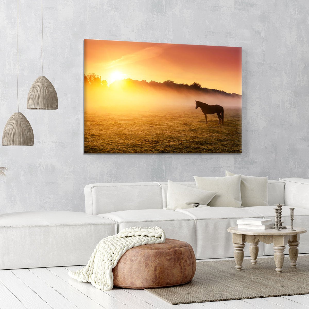 Arabian horses grazing on pasture at sundown in orange sunny beams. Dramatic foggy scene Canvas Print or Poster