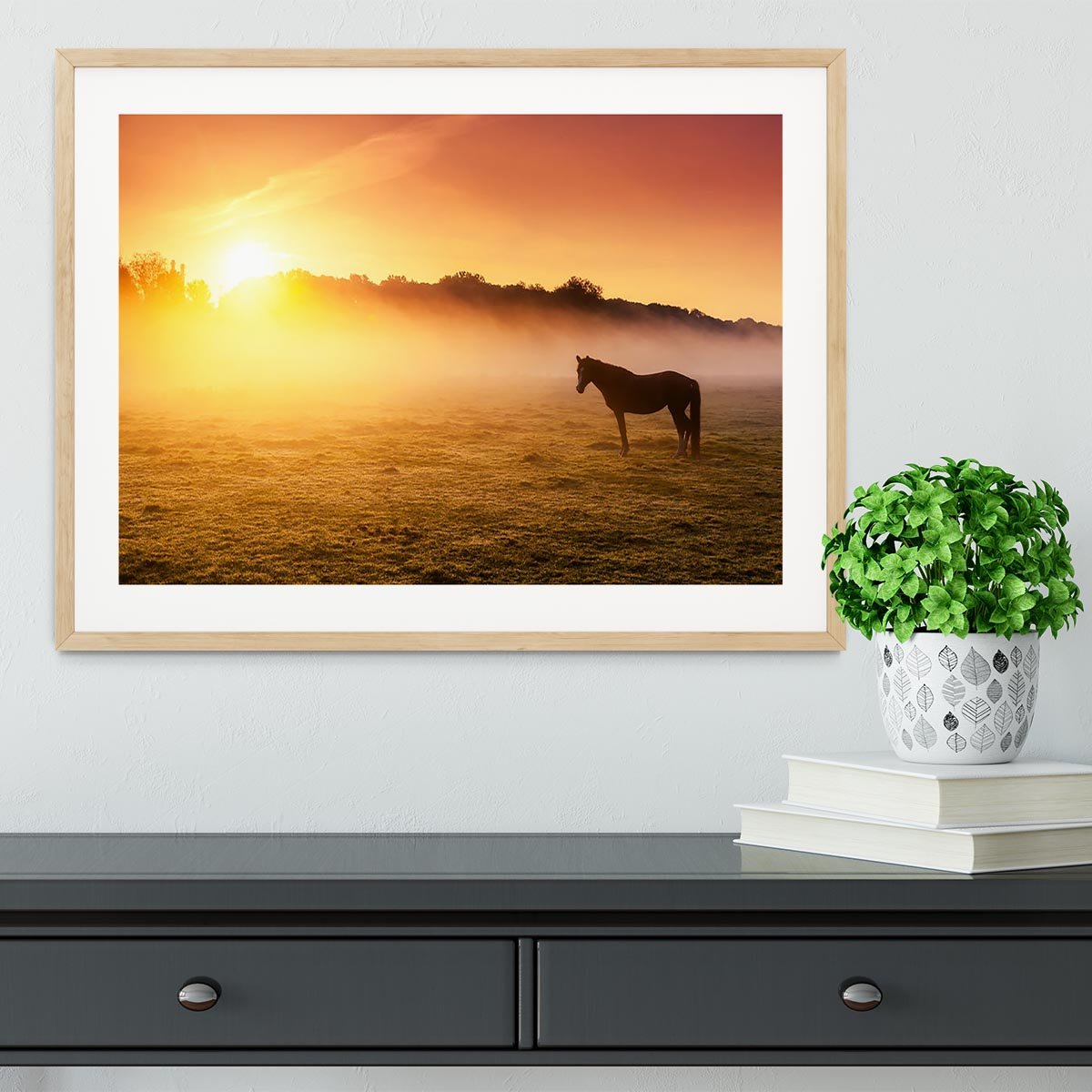 Arabian horses grazing on pasture at sundown in orange sunny beams. Dramatic foggy scene Framed Print - Canvas Art Rocks - 3