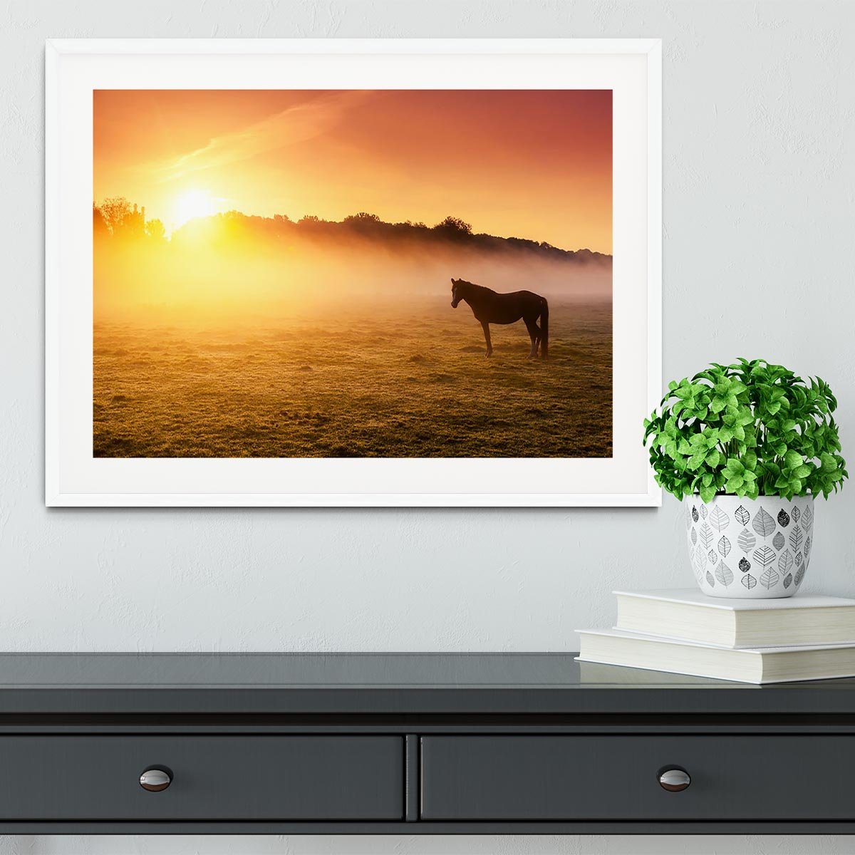 Arabian horses grazing on pasture at sundown in orange sunny beams. Dramatic foggy scene Framed Print - Canvas Art Rocks - 5