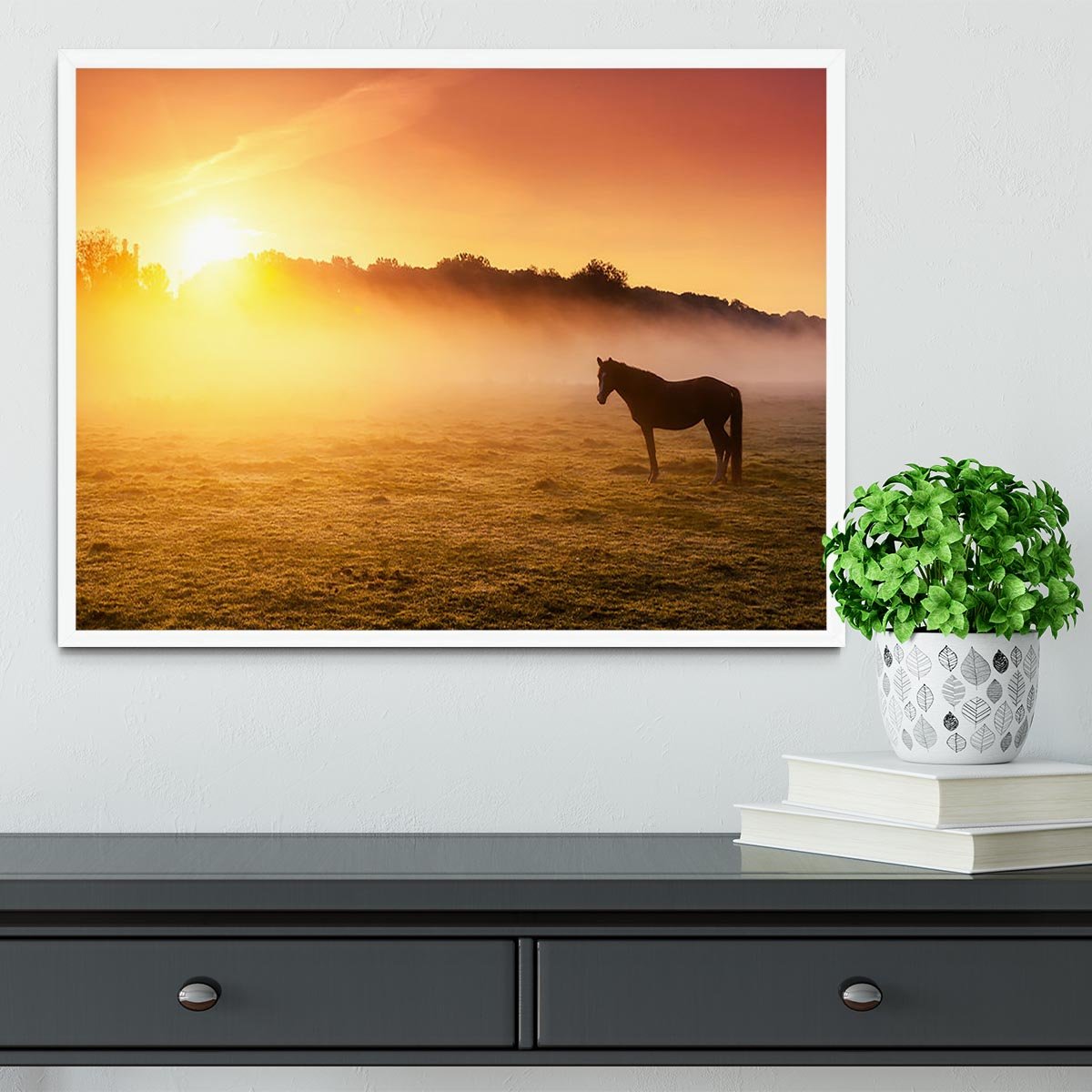 Arabian horses grazing on pasture at sundown in orange sunny beams. Dramatic foggy scene Framed Print - Canvas Art Rocks -6